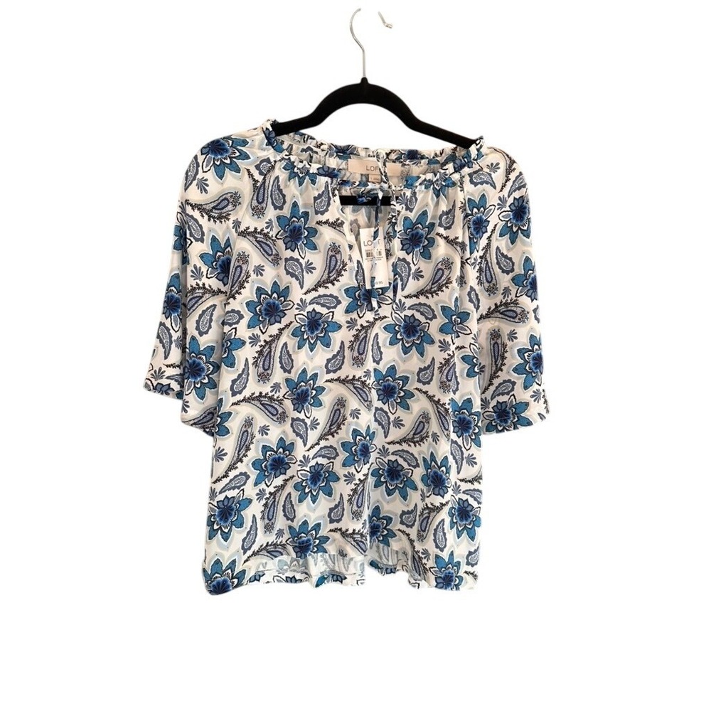 Loft‎ Women Blue Floral Paisley Tie Neck Ruffle Blouse 38921674 S